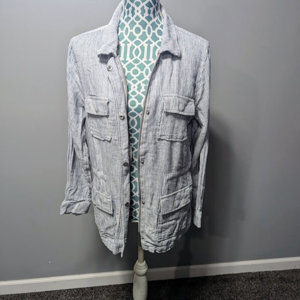 Christopher & Banks Jacket Off White Blue Striped Linen Blend Pockets Size LARGE